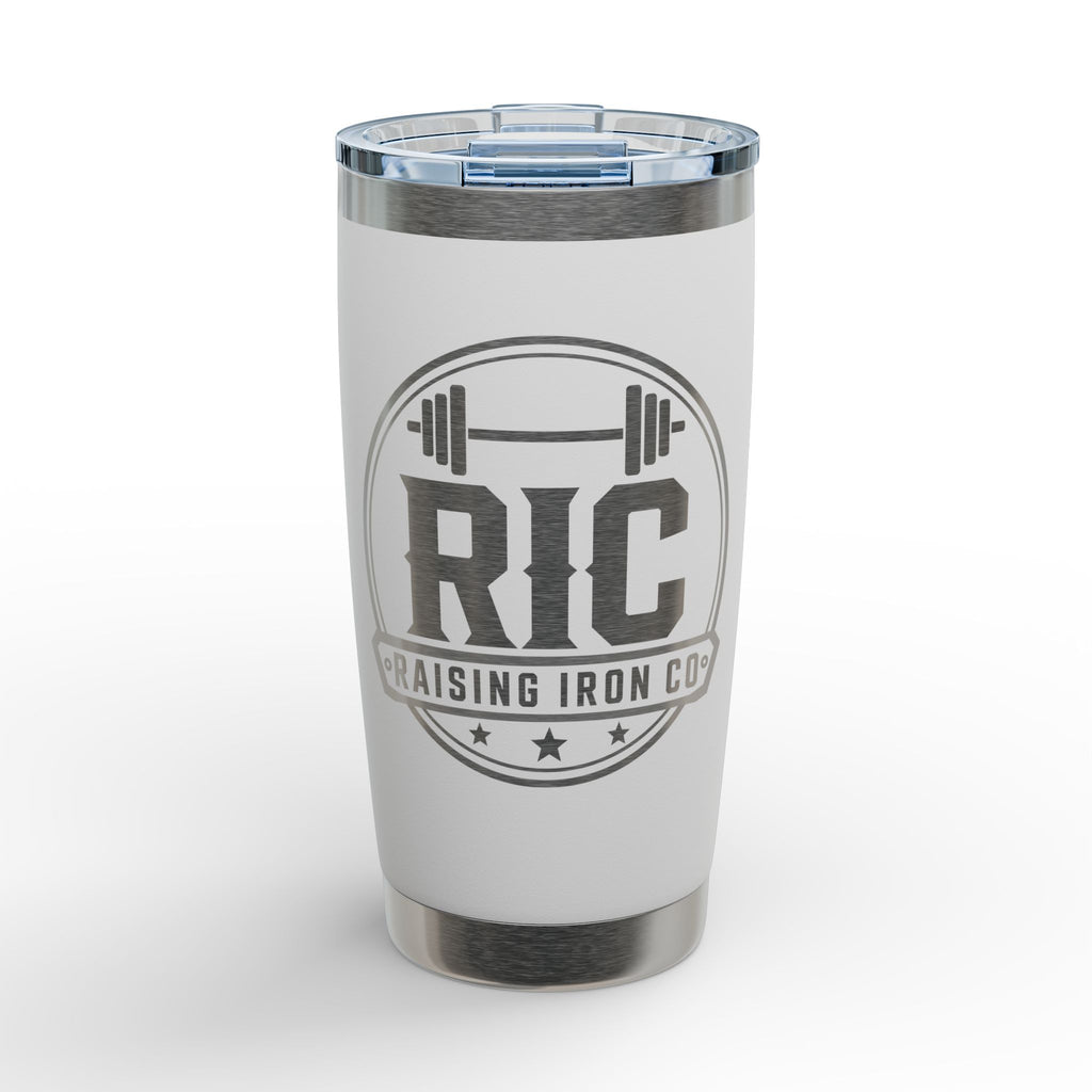 A white insulated tumbler with a clear lid and brushed stainless steel accents, featuring a dark gray circular 'RIC RAISING IRON CO' logo on the front.