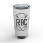 A white insulated tumbler with a clear lid and brushed stainless steel accents, featuring a dark gray circular 'RIC RAISING IRON CO' logo on the front.
