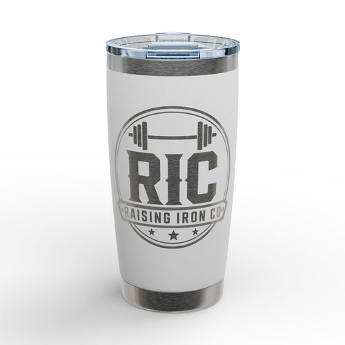 A white insulated tumbler with a clear lid and brushed stainless steel accents, featuring a dark gray circular 'RIC RAISING IRON CO' logo on the front.