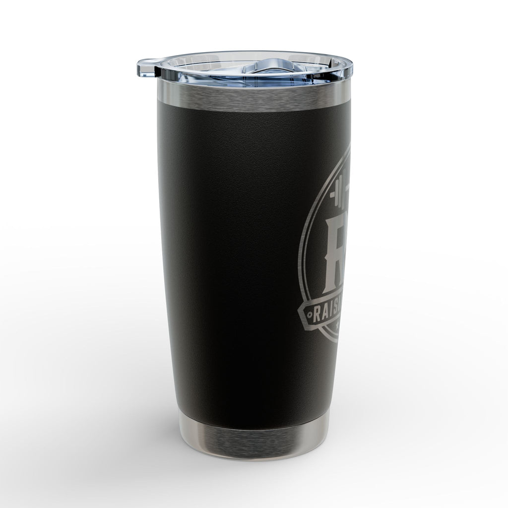 A black insulated travel tumbler with a clear lid, featuring a silver-toned metal base and a gray circular logo on the front, set against a clean white background.