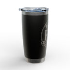 A black insulated travel tumbler with a clear lid, featuring a silver-toned metal base and a gray circular logo on the front, set against a clean white background.