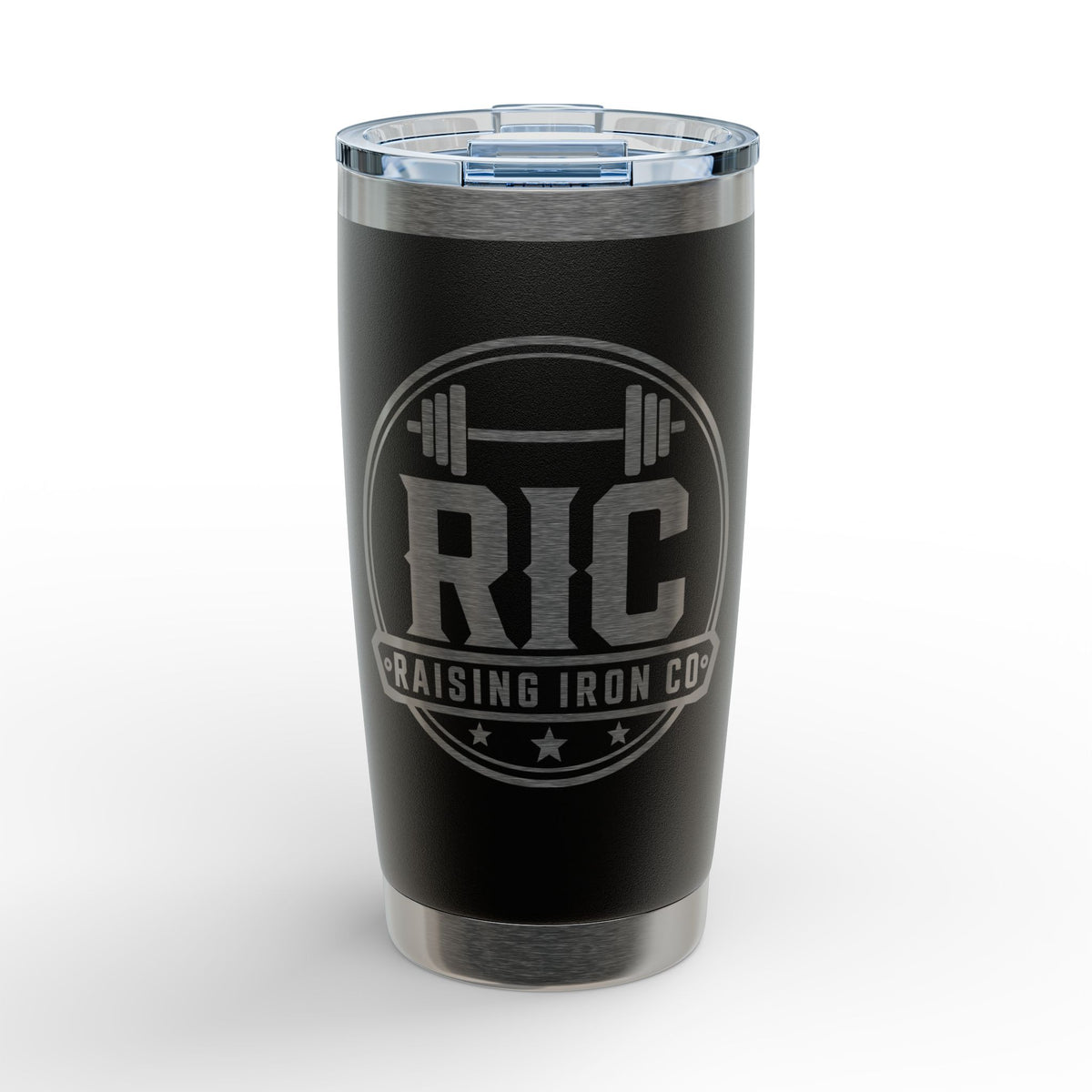 A black insulated travel tumbler with a clear lid, featuring a silver engraved logo that reads 'RIC RAISING IRON CO' with a barbell graphic, shown on a light gray background.