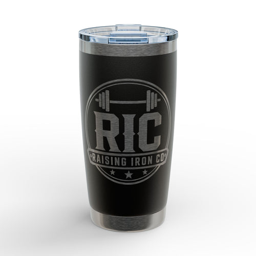 A black insulated travel tumbler with a clear lid, featuring a silver engraved logo that reads 'RIC RAISING IRON CO' with a barbell graphic, shown on a light gray background.