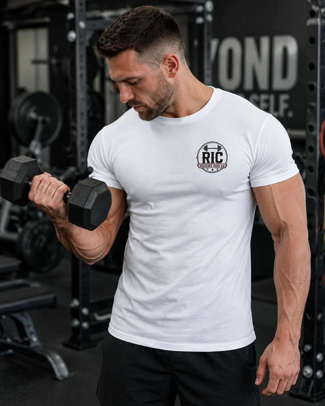 Raising Iron Co. Chest Logo Tee — Cotton Fitness T‑Shirt