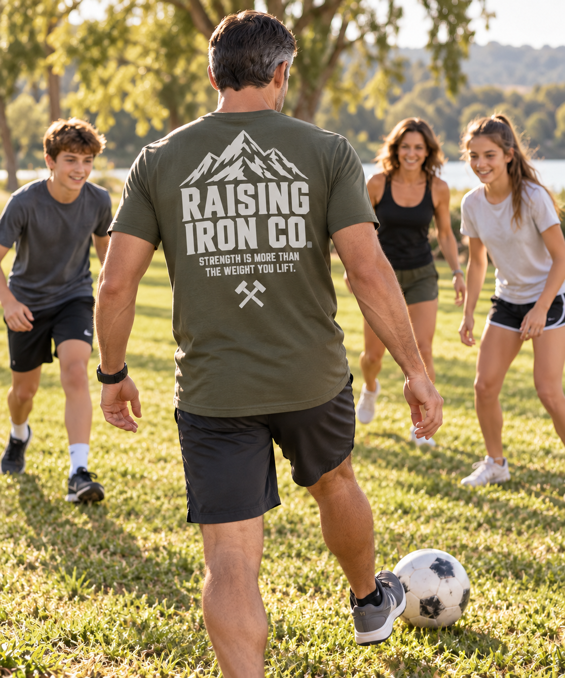 Raising Iron Co. Mountain Logo Tee — Strength Is More Than The Weight You Lift Cotton Fitness Tee