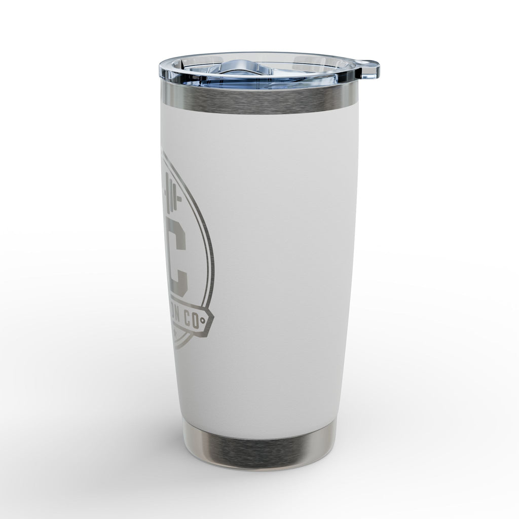White insulated tumbler with a logo on a white background