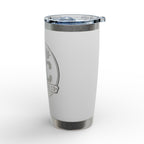 White insulated tumbler with a logo on a white background