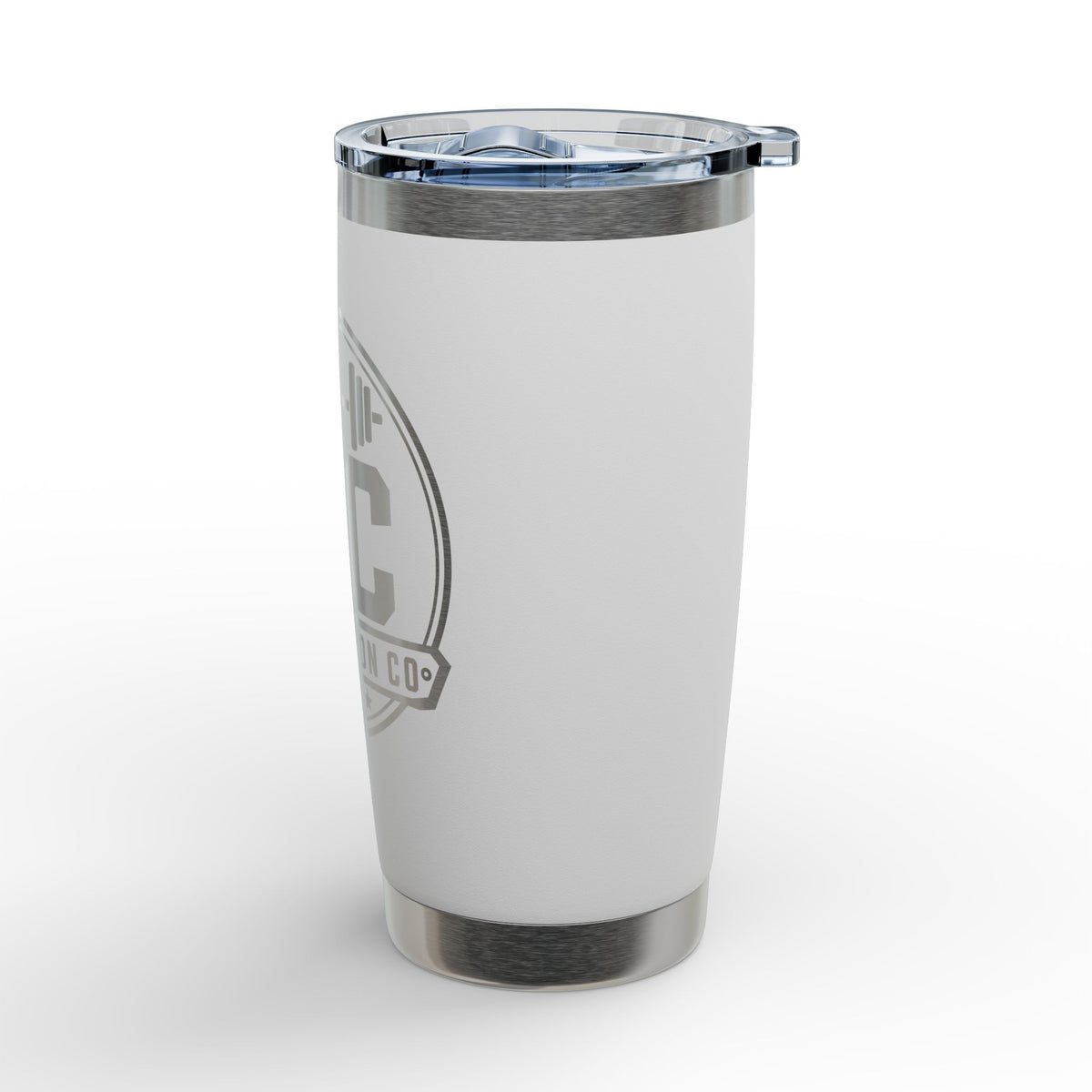 White insulated tumbler with a logo on a white background