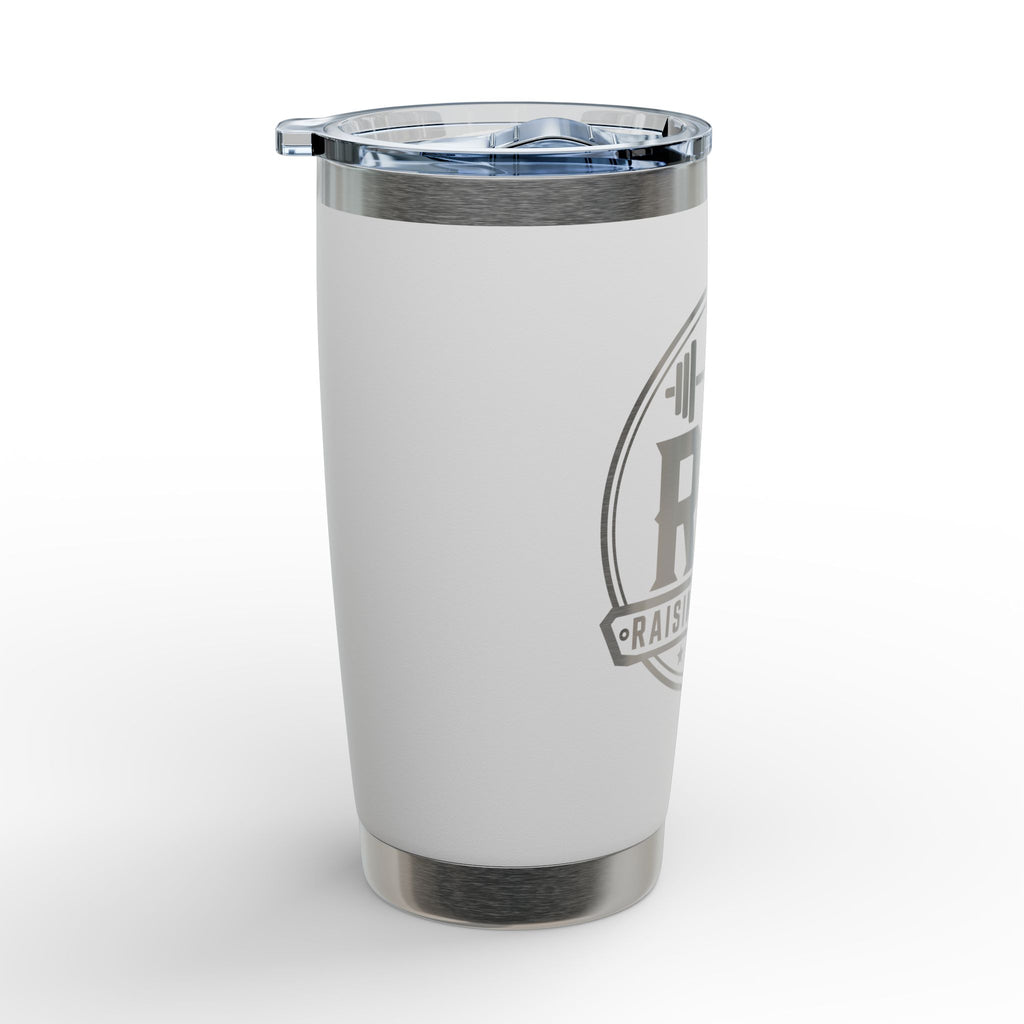 A white insulated travel tumbler with a clear lid, featuring a gray graphic logo on the side, set against a clean white background.