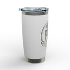 A white insulated travel tumbler with a clear lid, featuring a gray graphic logo on the side, set against a clean white background.