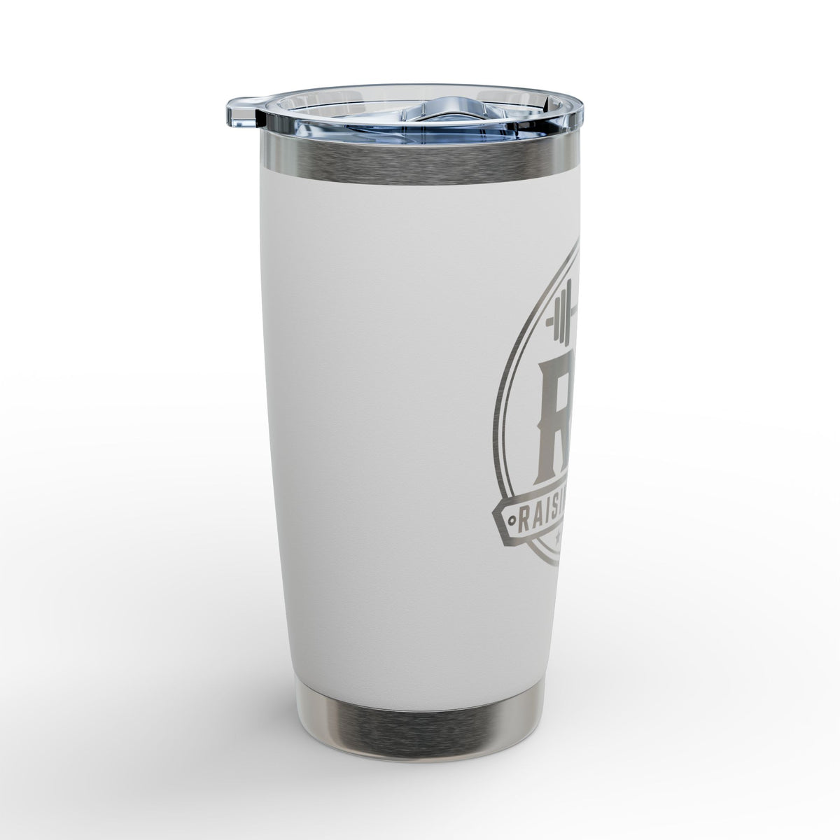 A white insulated travel tumbler with a clear lid, featuring a gray graphic logo on the side, set against a clean white background.
