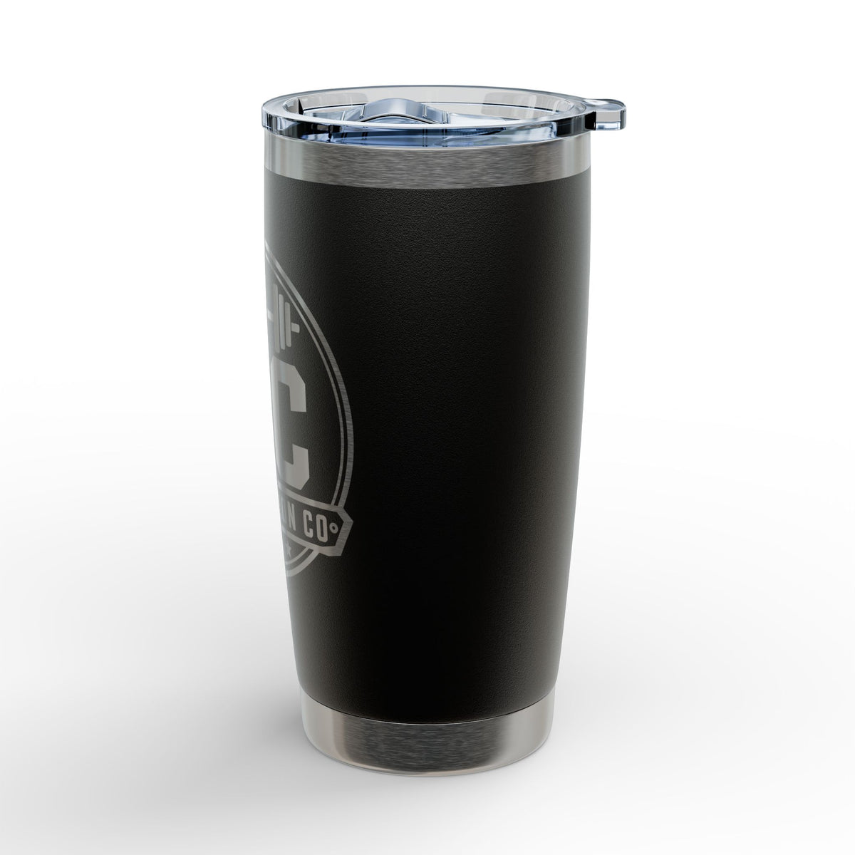 Black insulated tumbler with silver base and lid on a white background