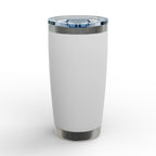 White tumbler with a metallic base and lid on a white background