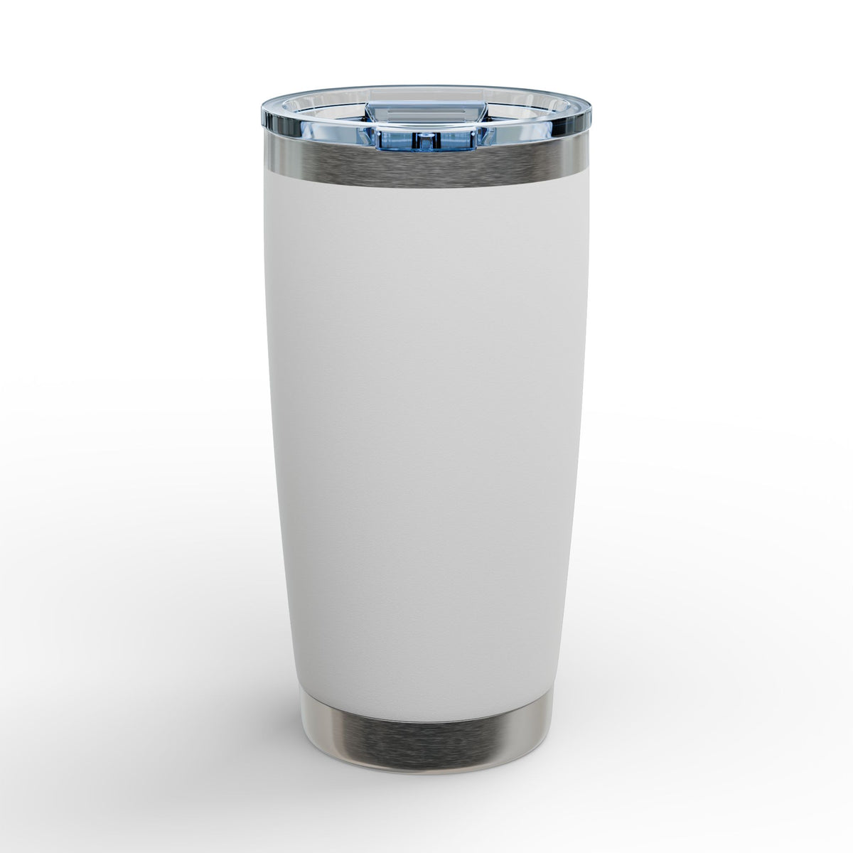 White tumbler with a metallic base and lid on a white background