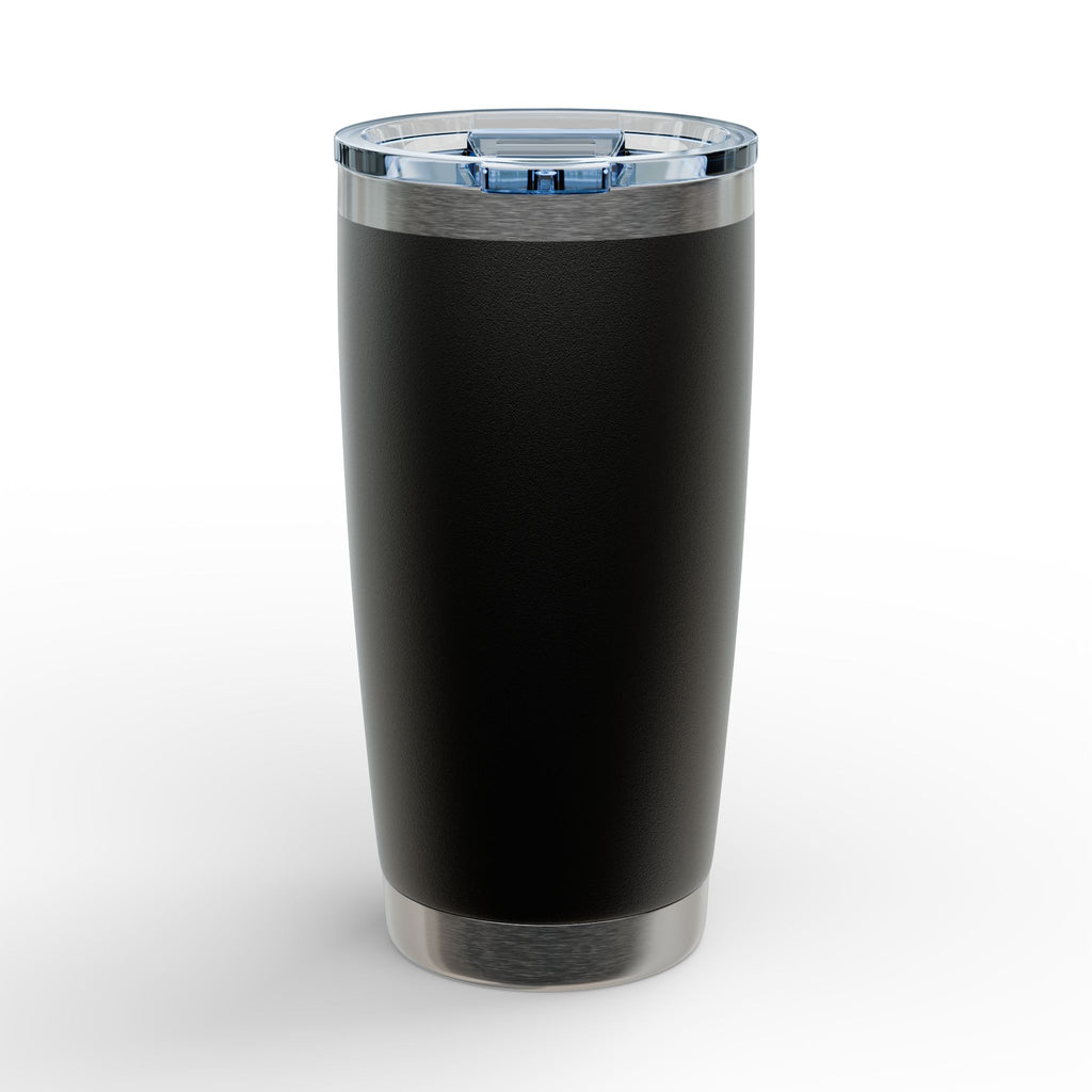 Black insulated tumbler with silver base and lid on a white background