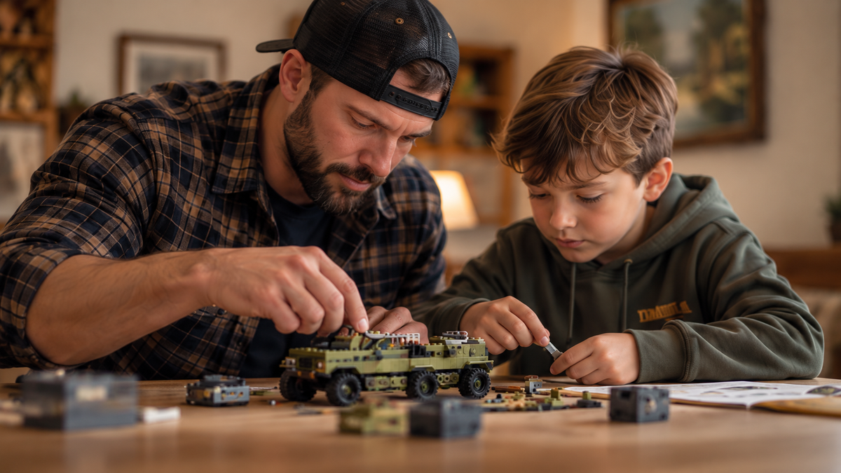 Father and son building a toy car together